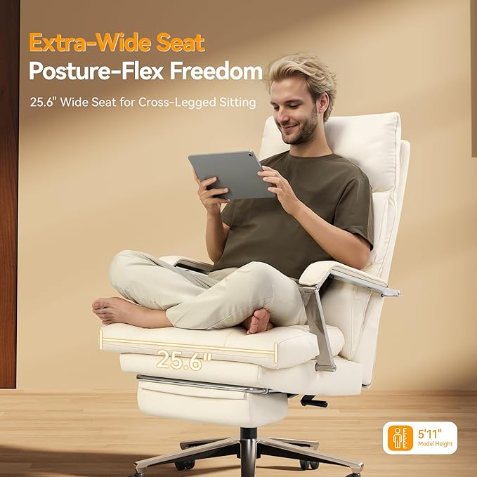 OKUP® M76 Recline Office Chair with Footrest, 160° Infinite Reclining 10" Thick Executive Desk Chair, 420lb Heavy Duty Big and Tall, Adjustable Seat Depth, Cream