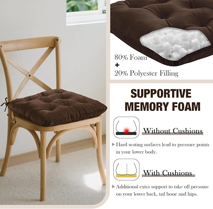 Nuanchu Memory Foam Chair Cushions Set of 4, Thick Indoor Seat Cushions for Dining Chairs Tufted Seat Pads for Kitchen, Dining Room, Office,(Dark Brown,16.5"x16.5"x4")