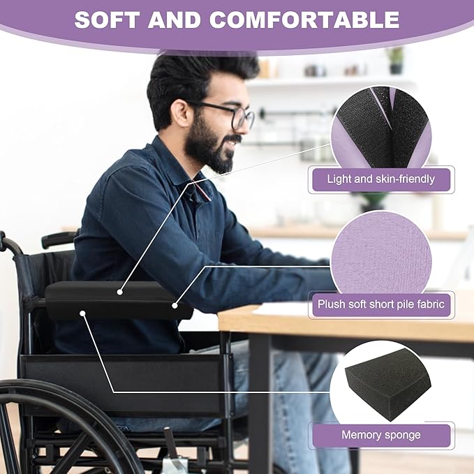 SPRING SEAON Wheelchair Accessories Armrest Covers (Pair), Short Plush Memory Foam Pads, Non-Slip Bottom, Wide Hook-and-Loop Straps, Washable, for Wheelchair/Transport/Office/Gaming Chairs, Purple