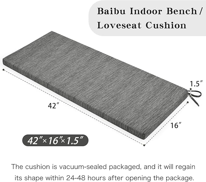 baibu 42 Inch Classic Solid Color Bench Cushion with Ties, Non-Slip Indoor Outdoor Rectangle Bench Seat Cushion with Machine Washable Cover (Grey, 42x16x1.5in)