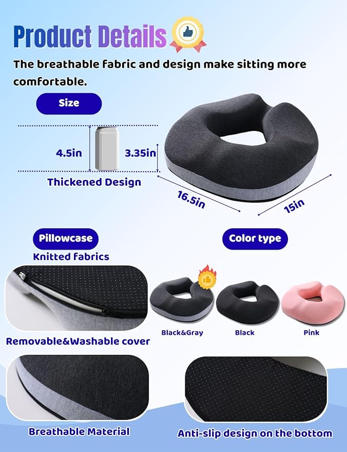 Donut Pillow for Tailbone Pain,Memory Foam Hemorrhoids Pillow for Sciatica Pain,Relief Ergonomic Donut Seat Cushion for Office Chair,Car,Wheelchair,Pregnancy,Coccyx and Washable Cover Pink
