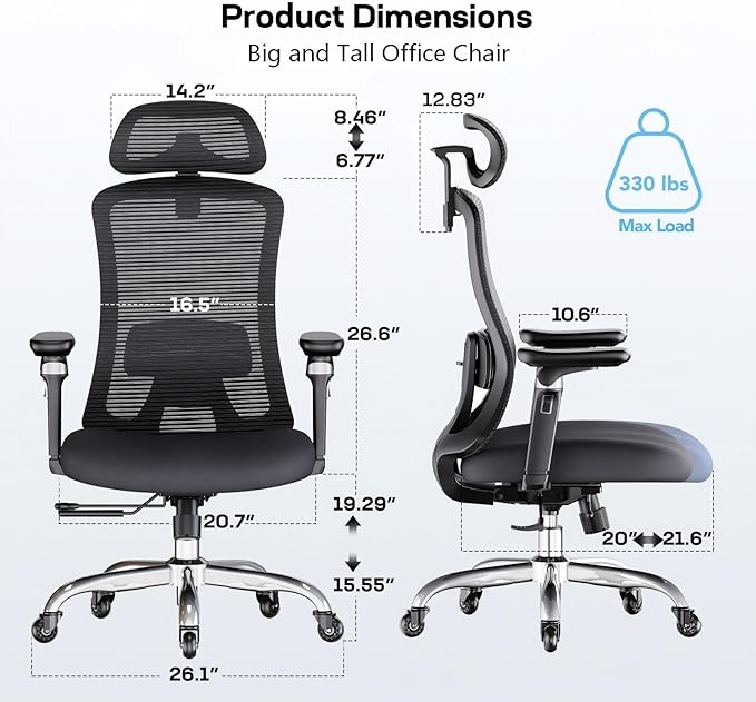 Marsail Ergonomic Office Chair with 6D Armrests, Ergonomic Chair with 3D Adjustable Headrest, Slide Seat, Lumbar Support, and 4-Position Tilt Lock – Big and Tall Office Chair with 330 lbs Capacity