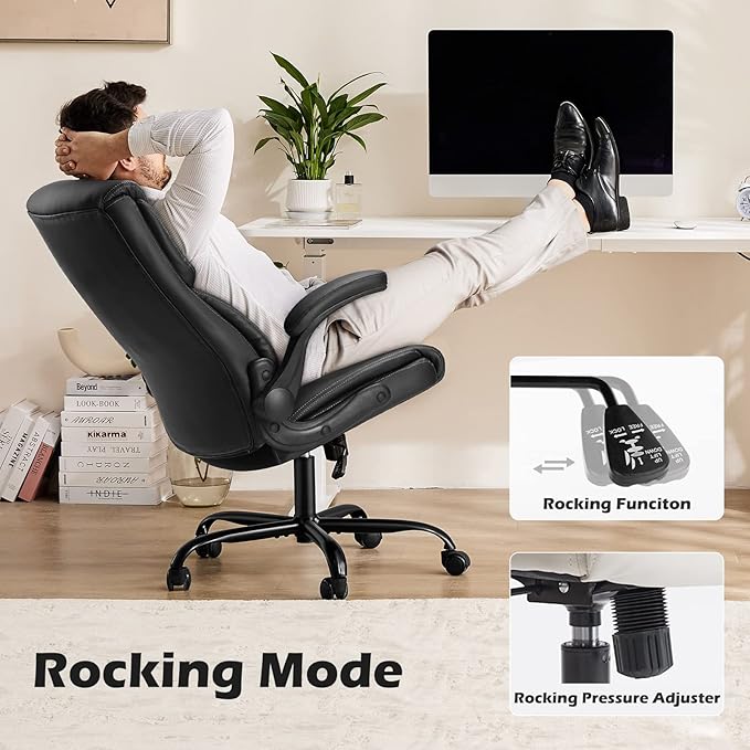 DUMOS Office Chair Set of 2 - Ergonomic Executive Computer Desk Chairs with Adjustable Flip-up Armrest, Swivel Task Chair with Lumbar Support, Strong Metal Base, PU Leather, Black