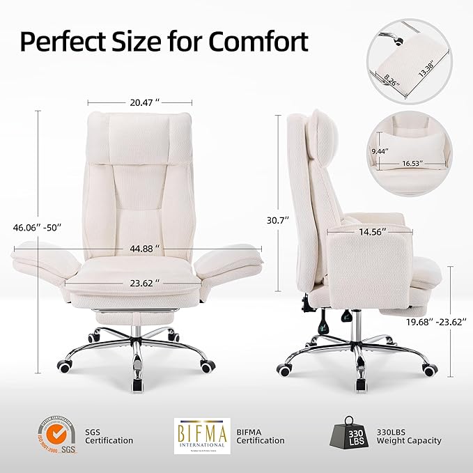 TonghuaS Criss Cross Office Desk Chair with Foot Rest and Flip Armrests for Pets Friendly & Extra Space, Ergonomic Reclining Gaming Computer Chair with Lumbar Pillow(Chenille Fabric Off-White)