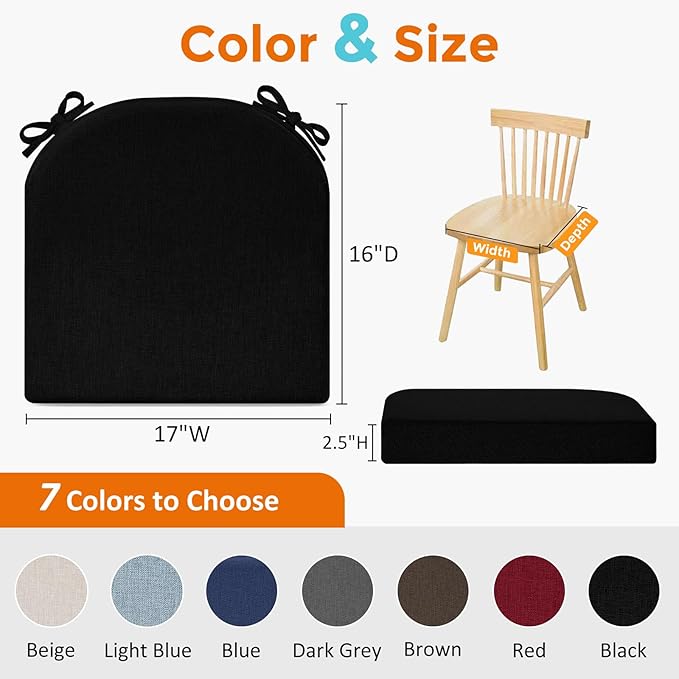 downluxe Chair Cushions for Dining Chairs, Memory Foam Linen Kitchen Chair Pads with Ties, Waterproof, Stain-Resistant and Washable Cover, 17" x 16" x 2.5", Black, 4 Pack