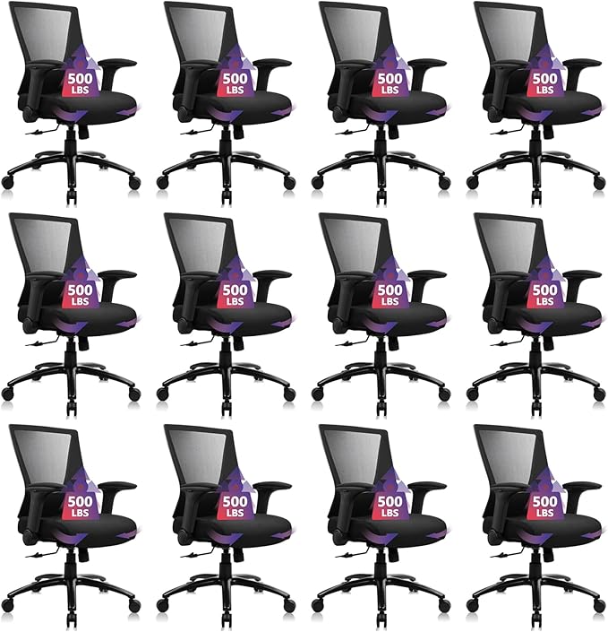CLATINA Big and Tall Office Chair Heavy Duty Ergonomic Desk Chair 500lbs with Flip-up Arms & Wide Thick Seat Cushion Home Executive Swivel Mesh Chair for Study, Conference, Black, 12 PK