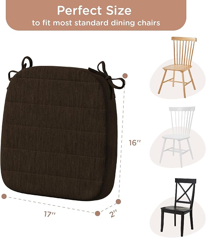 Codi Dining Chair Cushions Set of 4 - Foam Pads for Kitchen and Indoor Room Chairs 2'' Thick - 16x17 inch, Washable Seat Cushions with Ties - Brown, 4 Pack
