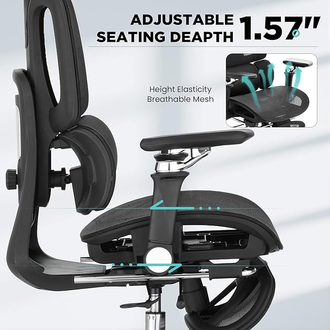 Ergonomic Office Chair with 3-Zone Dynamic Lumbar Support, Big and Tall Mesh Office Chair with Footrest, Adjustable Seat Depth,4D Headrest,6D Armrests, Swivel Executive Chair for Home Office,Black