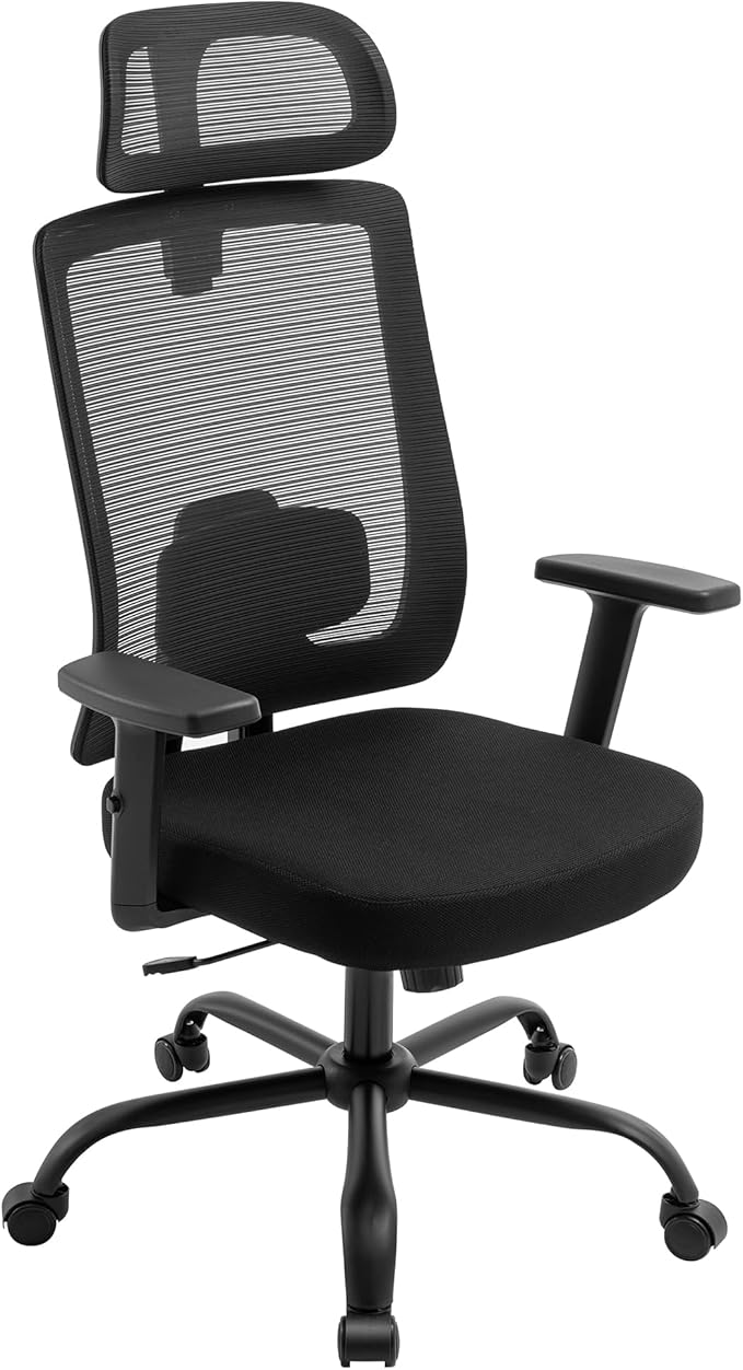 Ergonomic Office Chair Mesh High Back, Office Desk Chair with Adjustable Lumbar Support, Rolling Work Chairs with Wheels and 3D Headrest, Black