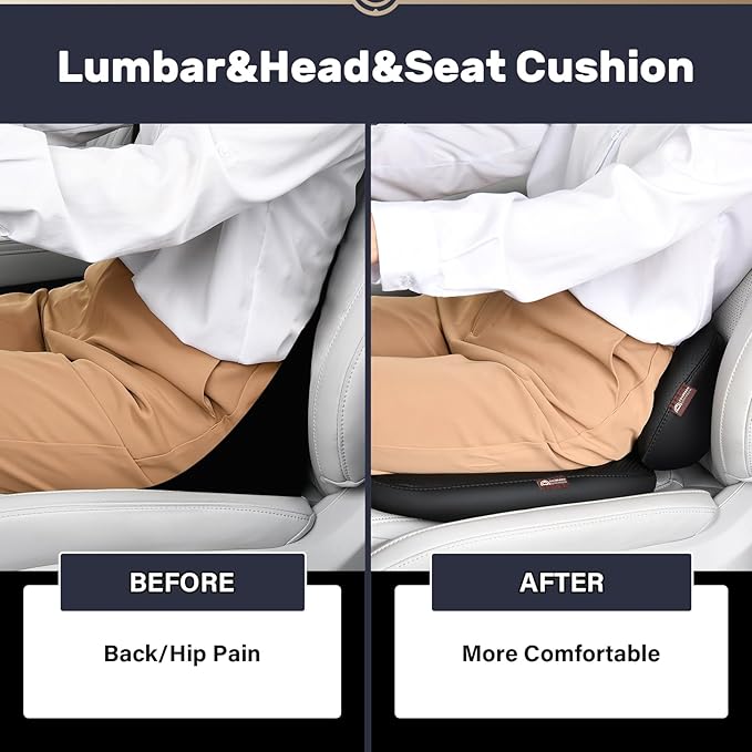 Coverado Seat Cushion and Lumbar Support Pillow for Driving Seat, Neck Headrest Pillow with Adjustable Strap, Soft and Breathable PU Leather, High Density Memory Foam for Neck & Lower Back Pain Relief