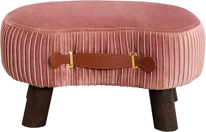LUE BONA Small Curved Foot Stool with Handle, Pink Velvet Footstool and Ottomans, Modern Foot Rest with Wooden Legs, Step Stool with Padded Seat for Couch, Living Room