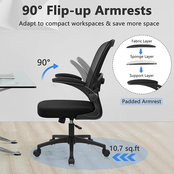 KLASIKA Desk Chairs with Wheels, Ergonomic Mesh Back Home Office Chair Adjustable Lumbar Support and Height Swivel Rolling Computer Task Chairs with Flip Up Armrests for Conference Meeting, Black, 6PK
