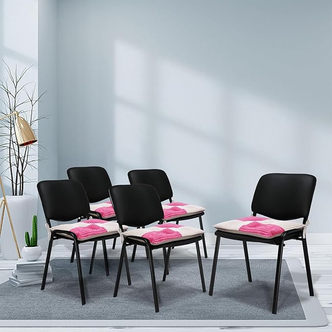 Office Stacking Chair Cushion with Ties, Corduroy High Density Foam Non-Slip Kitchen Seat Cushion, Square 17" x 17" Indoor Dining Chair Pads, White + Pink, 1 PCS