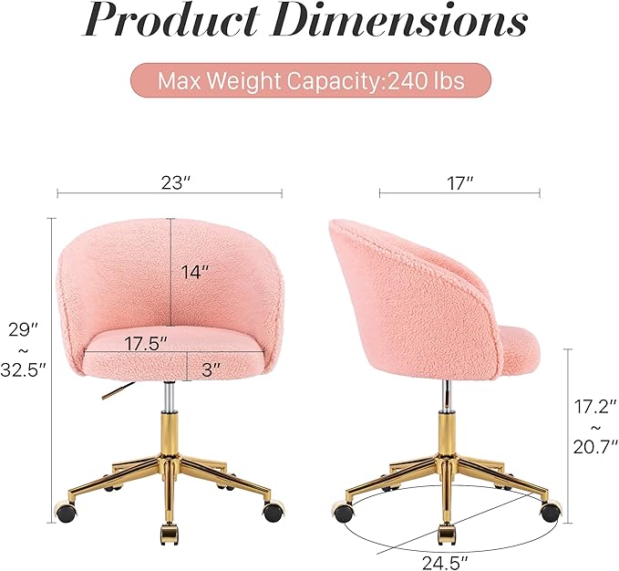 KCC Faux Fur Office Desk Chair, Comfy Fluffy Swivel Modern Leisure Armchair with Wheels, Upholstered Comfy Fuzzy Vanity Makeup Chair Height Adjustable for Teens Women Girls Elegant Home Office(Pink)