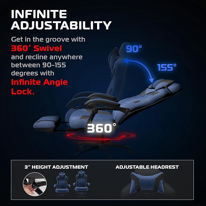 Respawn 110 Pro Ergonomic Gaming Chair with Footrest for Adults - Comfortable Office Gaming Recliner with Lumbar Support and Headrest, Racing Style Video Game Chairs for Computer Gamer - Blue Fabric