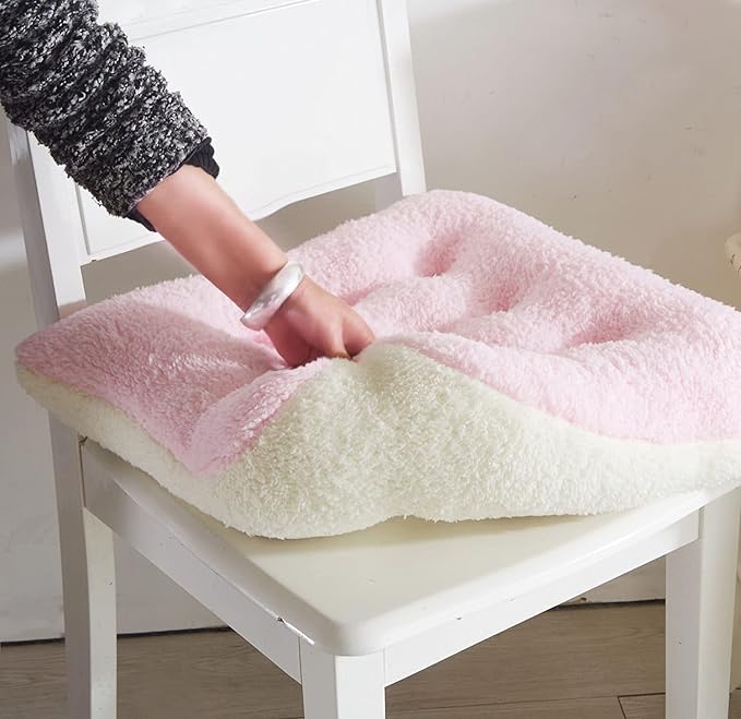 Comfortable Square and Round Artificial Lambswool Chair Pads,Soft Fluffy Chair Seat Cushion Plush Cushions Seat Pad for Home Office Meditation (17 inch(45cm), Square-Pink&White)