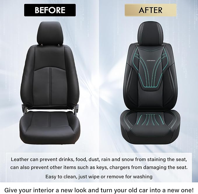 Coverado Car Seat Covers Front Seats, 2 Piece Car Seat Protector with Lumbar Support & Removable Headrest, Breathable Leather Seat Cushion Universal Fit for Truck Automotive Vehicles Black & Blue