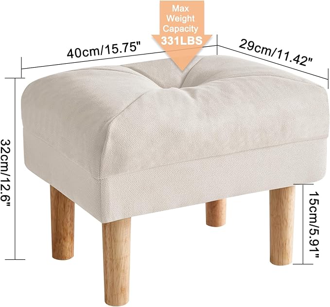 YMYNY 15.75" Small Foot Stool Ottoman, Footrest with Sponge Soft Padded Seat, Cotton-Linen Blend Fabric Footstool for Sofa, Bedroom, Living Room, Entryway, Solid Wood Legs, Beige, UHBD023M