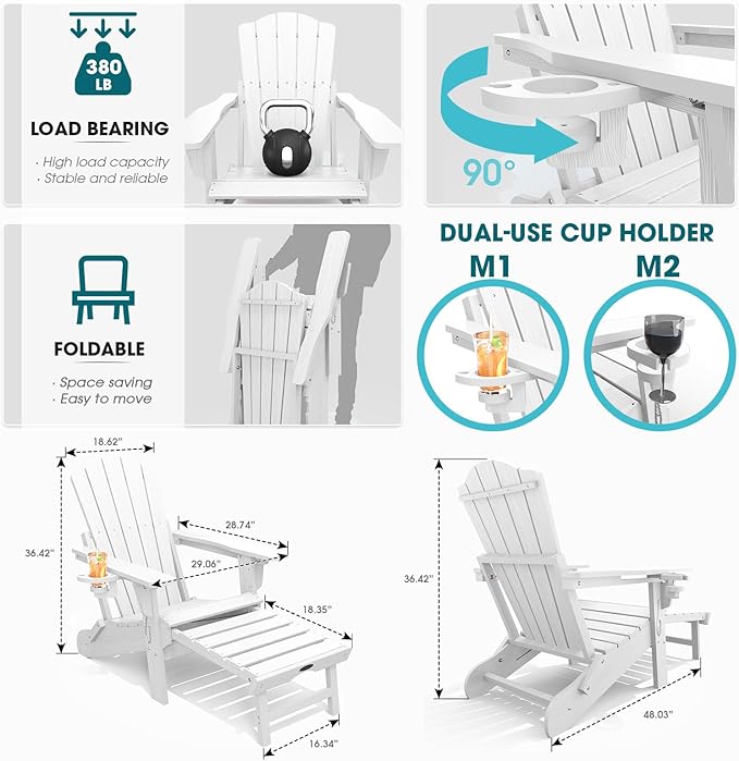 THOEOE Adjustable Adirondack Chair with Retractable Ottoman, HDEP Folding Adirondack Chairs with Footrest 2-in-1 Cup Holder, All Weather Outoor Fire Pit Chair with Foot Rest Set 1 White