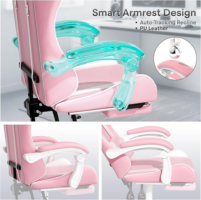 Athena Collection Gaming Chair, Ergonomic Gaming Chair with Footrest & Headrest Lumbar Support, Height Adjustable Swivel Computer Chair Office Chair for Kids Adults(Pink)