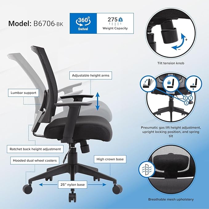 Ergonomic Black Mesh Back Task Chair Breathable Supportive Design Swivel Adjustable Height Rolling Casters Lumbar Comfort Contoured Seat Stylish Modern Office Furniture Durable Structure