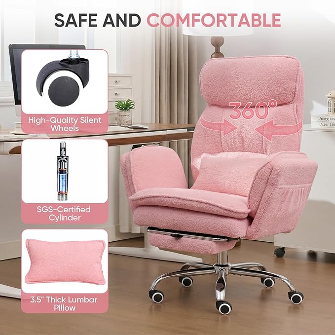 Big and Tall Office Chair with Flip Armrests, Cross Legged Office Chair with Storage Pockets, Comfortable Reclining Computer Chair with Foot Rest, Wide Home Desk Chair, Teddy Fleece, Pink