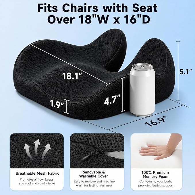 CXC Memory Foam Seat Cushions for Office Chair – Pressure Relief Seat Cushion for Desk Chair, Car, Wheelchair, Hip & Tailbone Pain Relief Cushion for Long Sitting, Non-Slip (Black - Breathable Mesh)