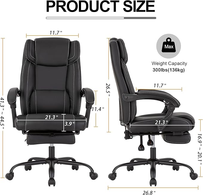 Reclining Office Chair with Footrest,Ergonomic Home Office Desk Computer Chair with Lumbar Support,Thick Executive Leather Chair,90-155° Adjustable (Black)