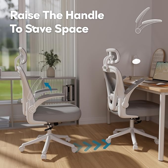 SeekFancy Ergonomic Office Chair M903, Computer Desk Chair with Wheels, High Back Mesh Office Chair with Adjustable Lumbar Support, Headrest, Flip-Up Armrests, White Grey