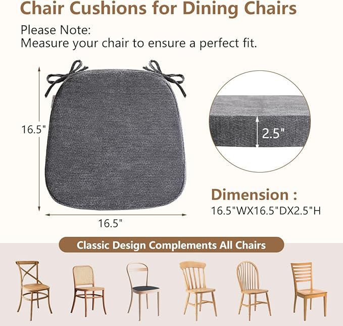 D-Shaped Chair Cushions for Dining Chairs, 2.5” Thick Chair Pads with Washable Comfortable Textured Cover, Non Slip Kitchen Chair Cushions with Ties, 16.5" x 16.5", 6 Pack, Dark Grey