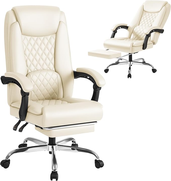 Shahoo Big and Tall Office Chair Height Adjustable Faux Leather Chair with Footrest and Lumbar Support, Ergonomic High Back Computer Chair with 360° Swivel Wheels Task Chairs for Office Home, Beige