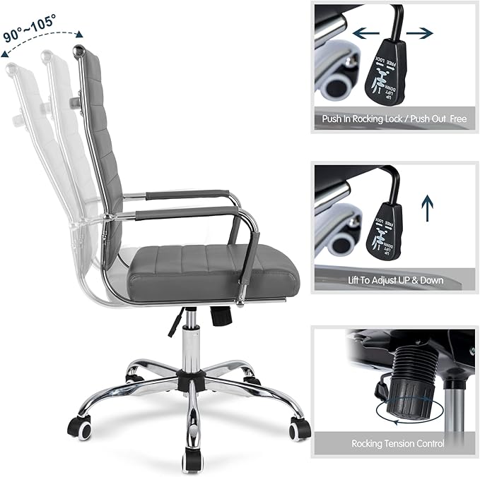 Home Office Chair Ribbed, Modern Leather Conference Room Chairs,Ergonomic Office Desk Chair, High Back Computer Chair, Adjustable Swivel Chair with Arms (Grey)