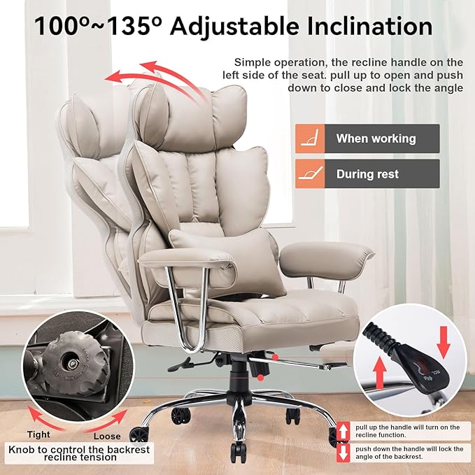 Efomao Big and Tall Office Chair 400lbs – PU Leather Executive Office Chair with Lumbar Support & Leg Rest, Heavy-Duty Computer Chair for Home Office, Grey
