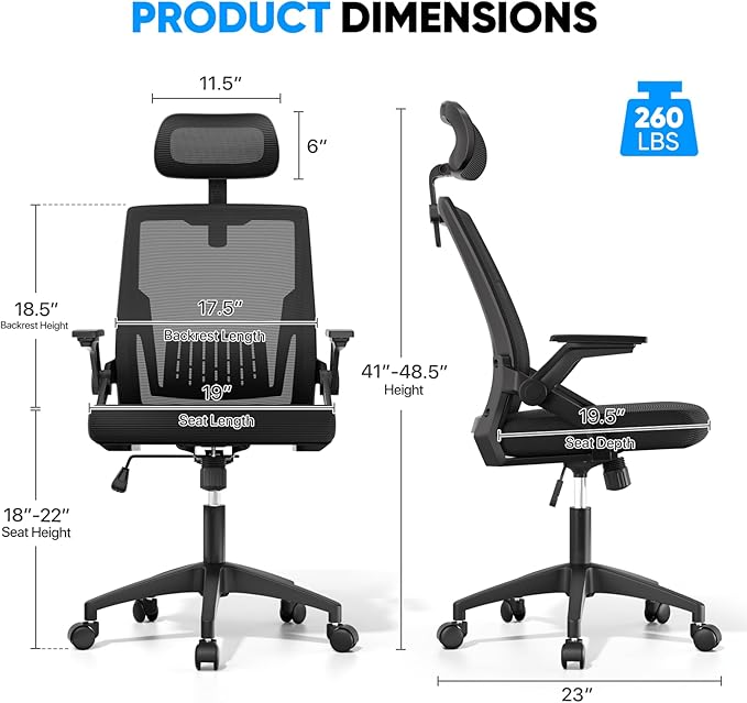 MoNiBloom High Back Mesh Office Chair with Adjustable Headrest, Flip-Up & Sliding Armrests, 18–22" Adjustable Seat Height, Ergonomic Desk Chair with Rocking Function, for Home Office, Black