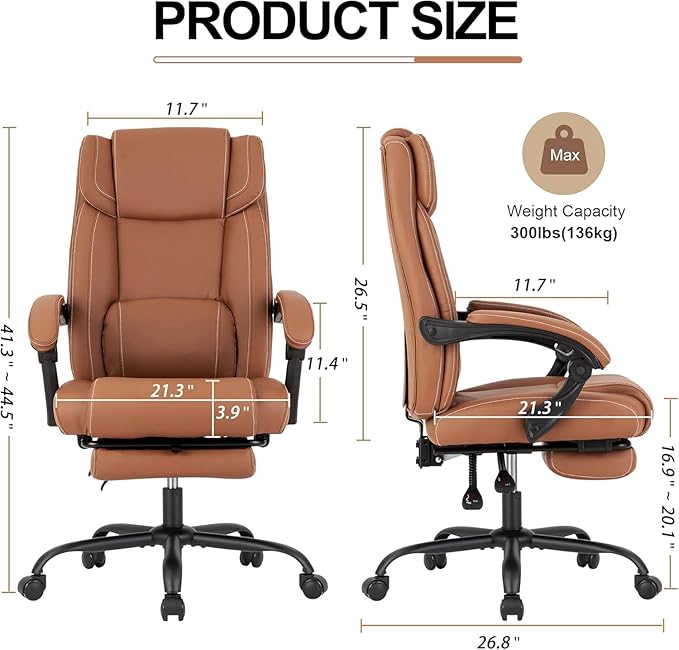 Reclining Office Chair with Footrest,Ergonomic Home Office Desk Computer Chair with Lumbar Support,Thick Executive Leather Chair,90-155° Adjustable (Brown)