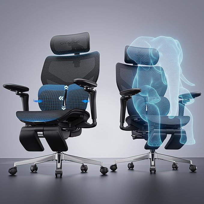 Ergonomic Office Chair with Lumbar Support - Over 10 Hours Sitting Comfortable, Mesh Big and Tall Home Computer Desk Chairs, 4D Headrest, 2-Gear Footrest, 630° Armrst, Seat Depth Adjustable