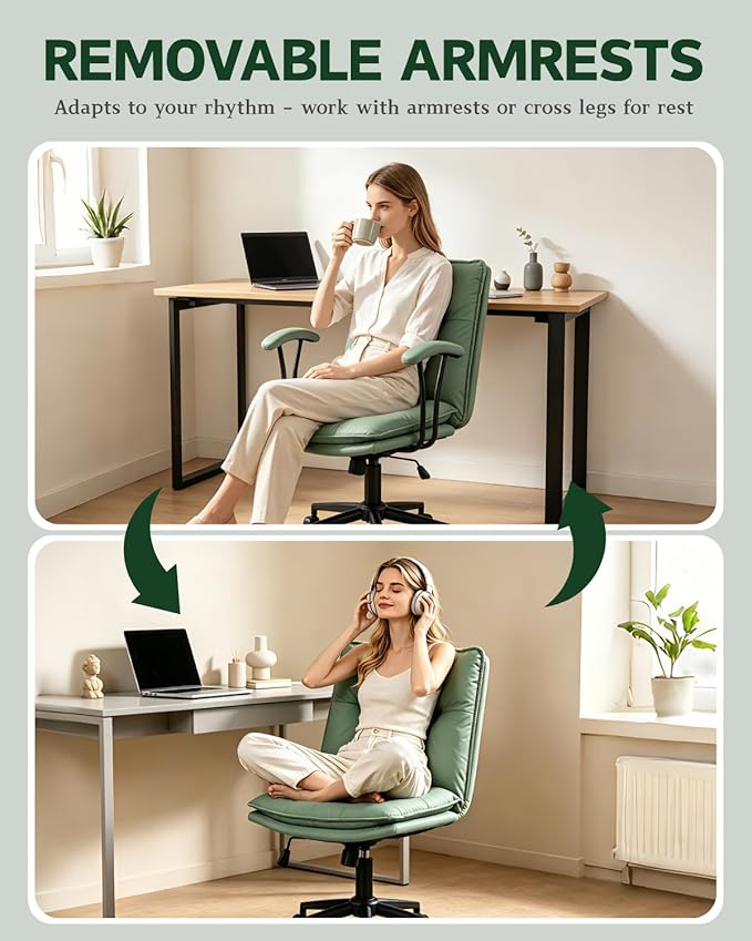 Karl home Faux Leather Office Chair with Removable Armrests, Adjustable Height & 360° Swivel, Tufted Thick Cushion Computer Desk Chair with Lumbar Support for Living Room, Vanity, Green