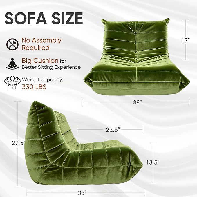 Trenda Bean Bag Chairs for Adults - Comfy High-Density Foam Fireside Chair, Adult Size, Soft Dutch Velvet Cover Beanbag Couch, Versatile for Living Room, Bedroom, Dorm, Reading & Gaming (Green)