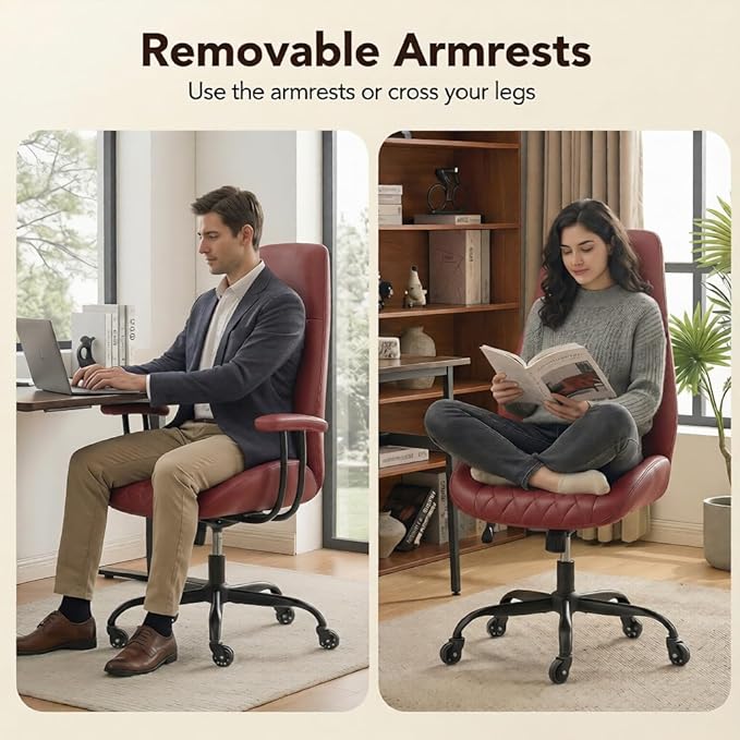 E-Motie Office Chair with Rubber Wheels, Ergonomic Computer Chair 500 lbs, Leather Desk Chair with Lumbar Support, Executive Chair Adjustable Height & Recline, Red