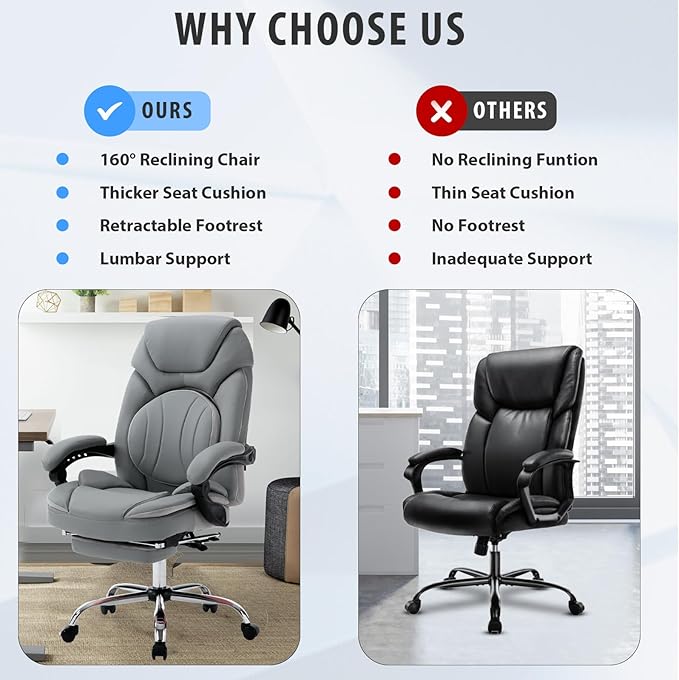 400lbs Ergonomic Reclining Office Desk Chairs with Footrest Back Support High Back Wide Seat Napping Recliner Executive Office Chairs PU Leather Big Tall Managerial Chairs (Grey)