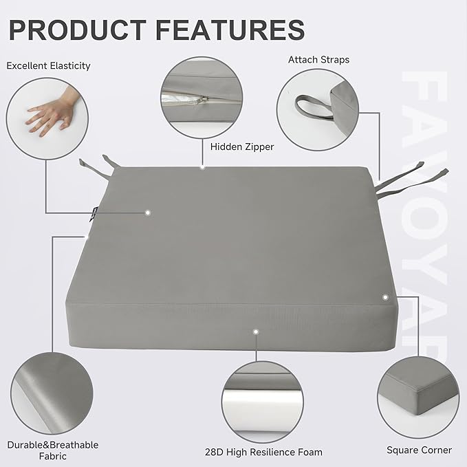 Favoyard Patio Chair Cushions 19 x 19 x 3 Inch Waterproof Outdoor Seat Cushions for Patio Furniture 3-Year Color Fastness Garden Sofa Couch Chair Pads with Handle & Adjustable Straps Set of 2, Grey