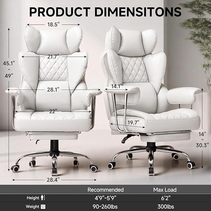 GTPLAYER Gaming Chair,Office Chair with Pocket Spring Lumbar Support, Ergonomic Comfortable Wide Office Desk Computer Chair with Outward Fixed Soft Armrests and Footrest,(PU Leather, White)