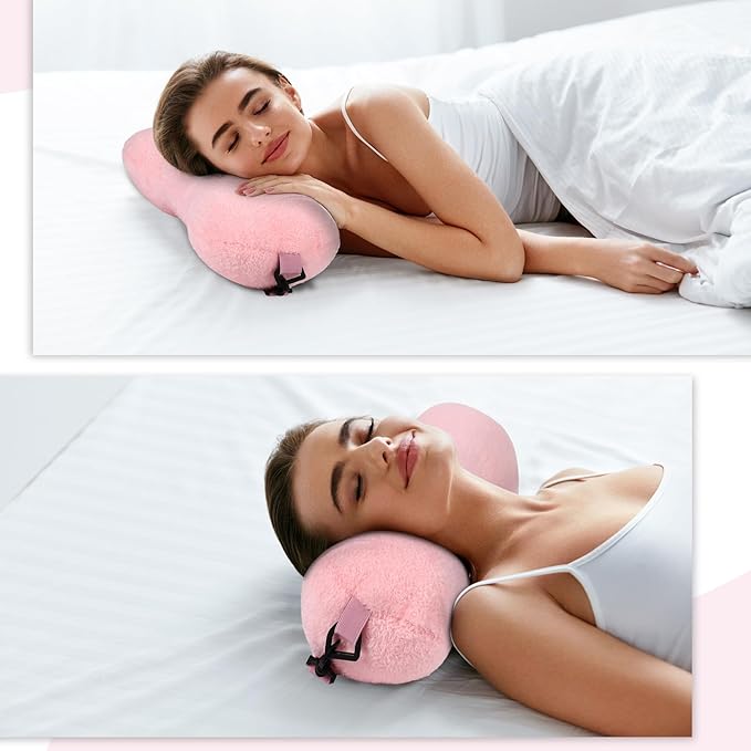 Colingmill 1 Pc Neck Pillow for Recliner Headrest Pillow Bone Shaped Chair Plush with Adjustable Strap Neck Support and Pain Relief Curve Head Cushion for Car Travel Airplane (Pink)