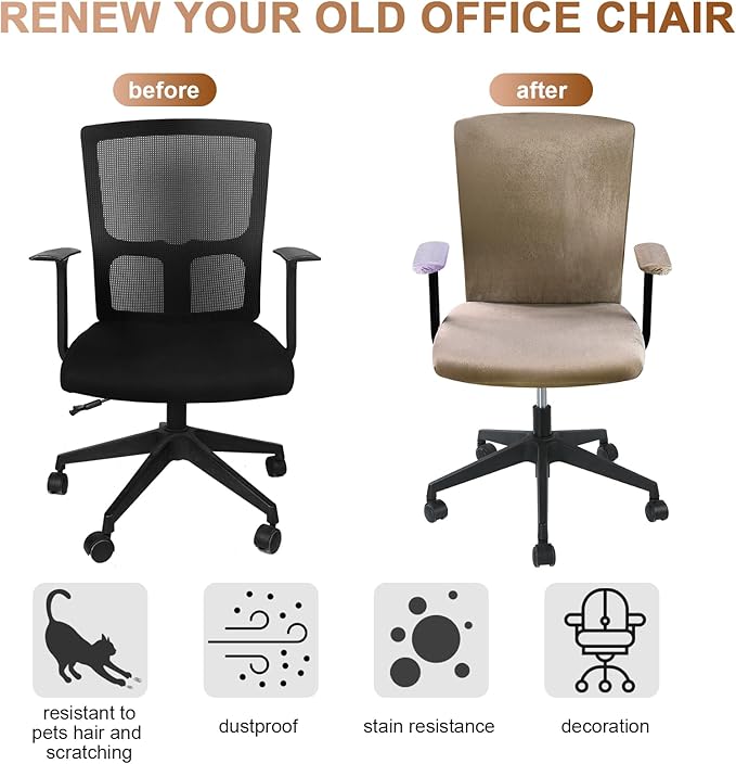 Tallew 4 Pcs Office Chair Covers Set Computer Universal Protective Stretchable Chair Seat Covers Desk Armrest Slipcovers Pads Office Cushion Backrest for Rotating(Khaki)