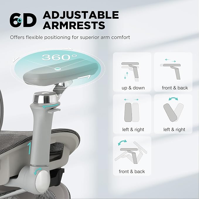 Ergonomic Office Chair with 3-Zone Dynamic Lumbar Support, Big and Tall Mesh Office Chair with Footrest, Adjustable Seat Depth,4D Headrest,6D Armrests, Swivel Executive Chair for Home Office,Grey