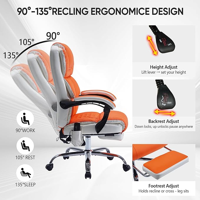 Massage Office Chair 6 Points 500lbs with Footrest,Reclining Desk Chair with Vibration Heat,Executive Big and Tall Chairs for Heavy People,Adjustable Height Ergonomic Orange