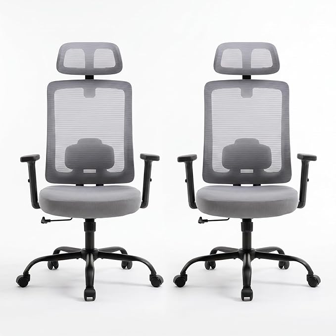 Ergonomic Mesh Office Chair with Headrest, Comfortable Desk Chair for Long Sitting, Breathable Computer Chair with Flip-Up Arms, Adjustable Swivel Chair for Home Office Work Study, Grey