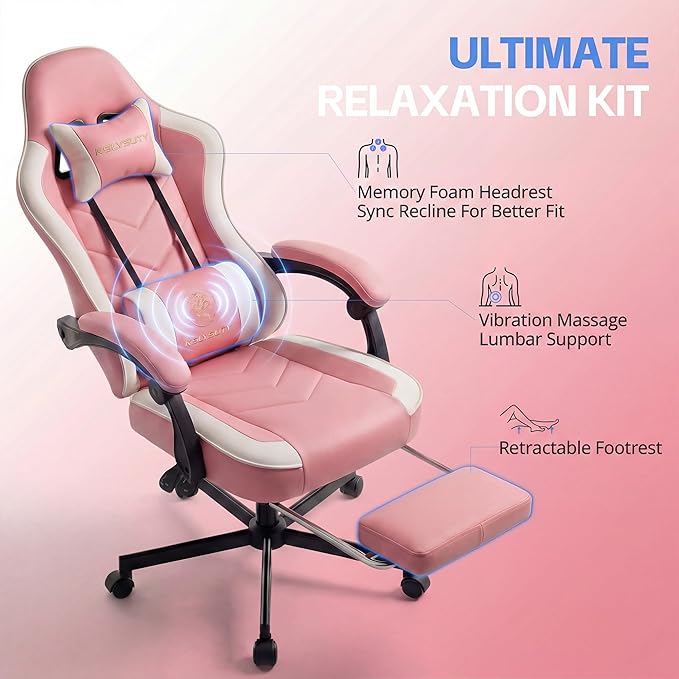 Desk Computer Gaming Chair - High Back Ergonomic Office Chair with Footrest and Lumbar Support, Swivel Comfy Home Gamer Video Game Chairs with Pocket Spring Cushion for Adults (Pink Leather)