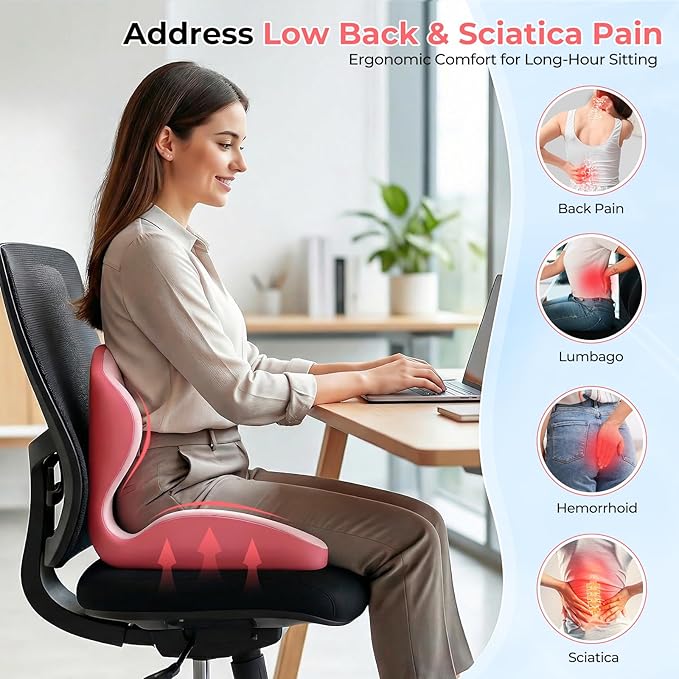 Memory Foam Seat Cushion with Lumbar Support Pillow for Truck Driver, Ergonomic L-Shaped Car Seat Cushion for Tailbone Pressure Relief, Non-Slip Chair Pad for Long Driving (Pink)