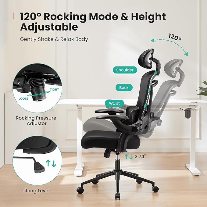 Sweetcrispy Executive Office Ergonomic Desk Chair, 300 LBS Home Mesh Chairs with Wheels, 2D Headrest, Up&Down Lumbar Support, Swivel High Back Computer Chair with Flip-up Armrests,Black